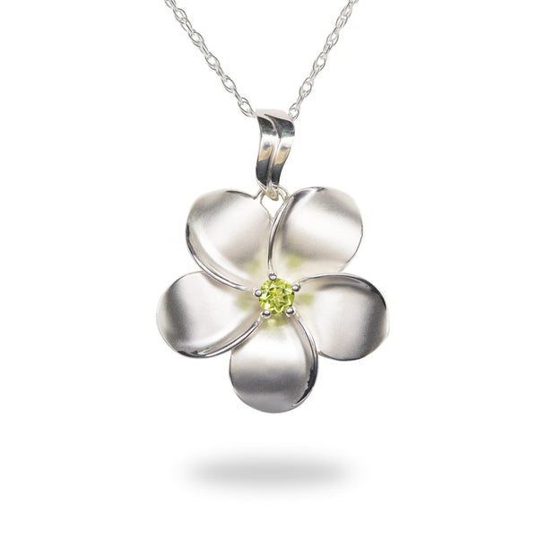 18" Plumeria Peridot Pendant in Sterling Silver - 28mm-Maui Divers Jewelry