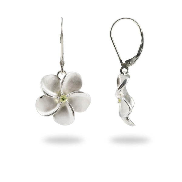 Plumeria Earrings with Peridot in Sterling Silver - 18mm-Maui Divers Jewelry