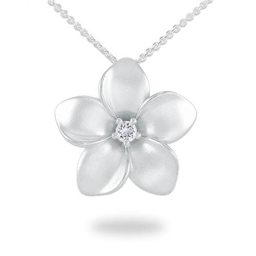 24" Adjustable Plumeria White Sapphire Pendant in Sterling Silver - 28mm-Maui Divers Jewelry