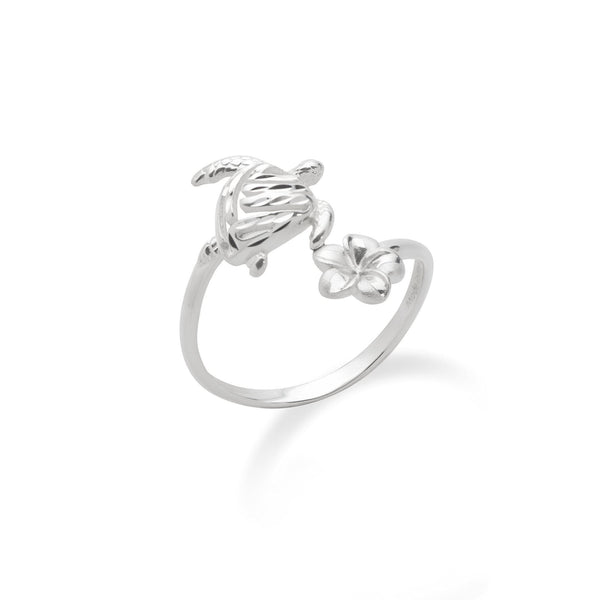 Honu and Plumeria Ring in Sterling Silver on white background-Maui Divers Jewelry