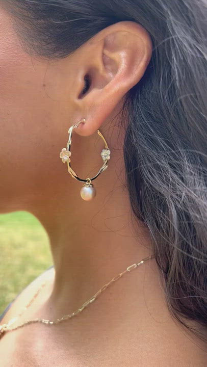 Video of a woman wearing Pearls in bloom Plumeria Lavender Freshwater Pearl Earrings in Tri Color Gold with Diamonds - Maui Divers Jewelry