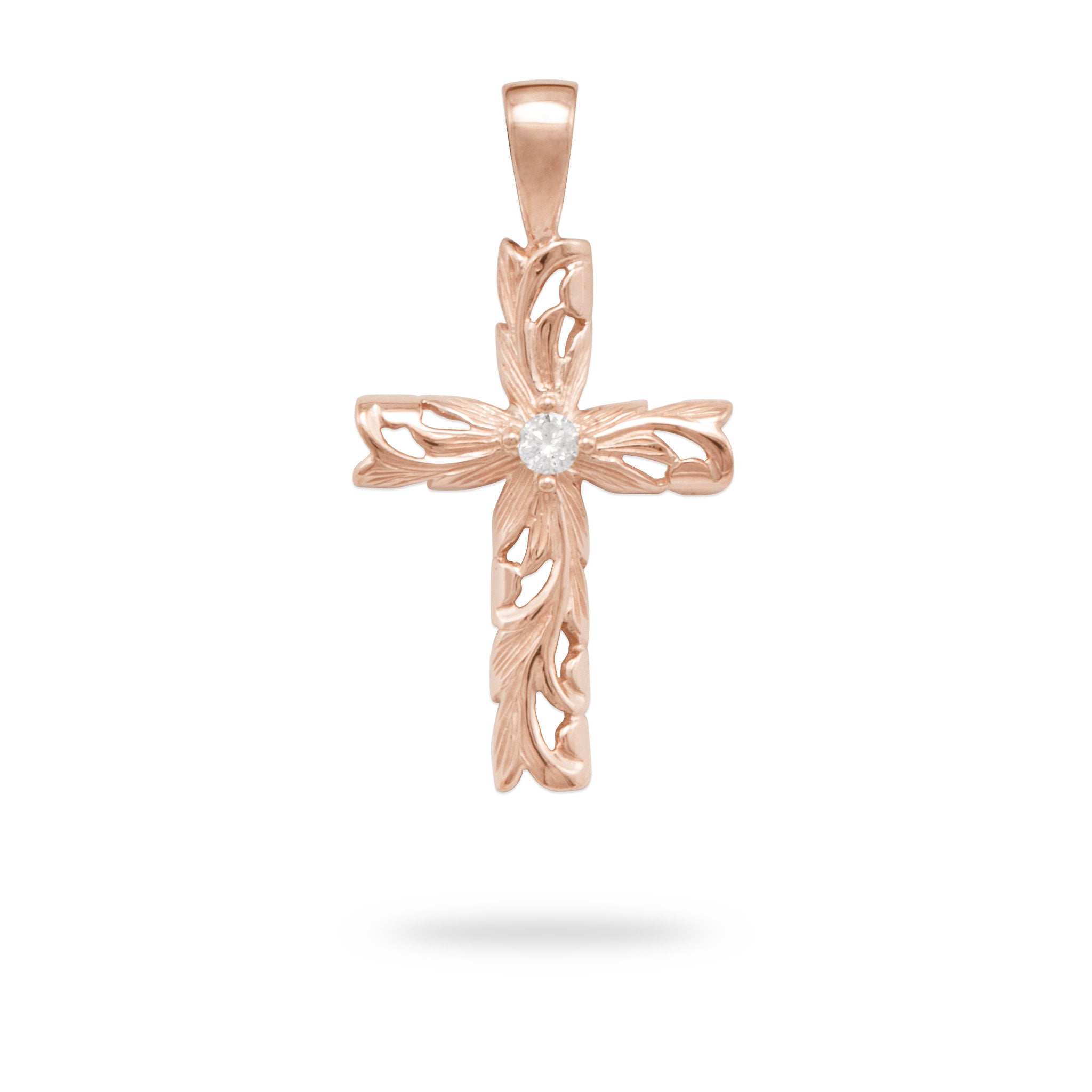 Hawaiian Heirloom Old English Scroll Cross Pendant with Diamond in Rose Gold - Medium-Maui Divers Jewelry