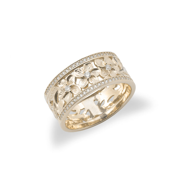 Hawaiian Heirloom Plumeria Ring in Gold with Diamonds -10mm - Maui Divers Jewelry