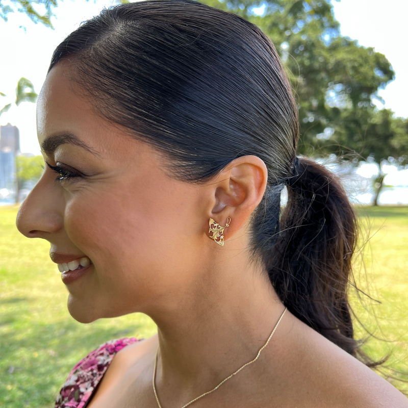 A woman wearing Living Heirloom Manta Ray Earrings in Gold with Diamonds - 20mm - Maui Divers Jewelry