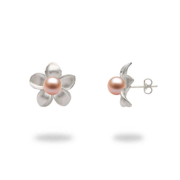 Pick A Pearl Plumeria Earrings in White Gold - 18mm with Peach Pearl  - Maui Divers Jewelry