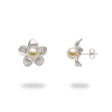 Pick A Pearl Plumeria Earrings in White Gold - 18mm with White Pearl - Maui Divers Jewelry