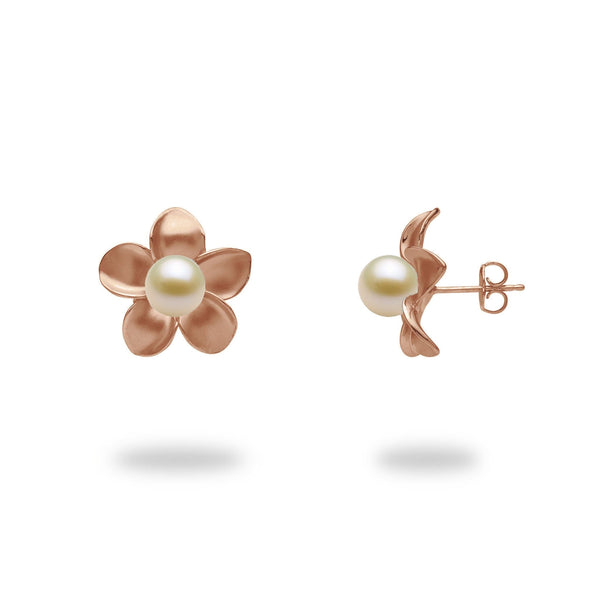 Pick A Pearl Plumeria Earrings in Rose Gold - 18mm - with White Pearl - Maui Divers Jewelry