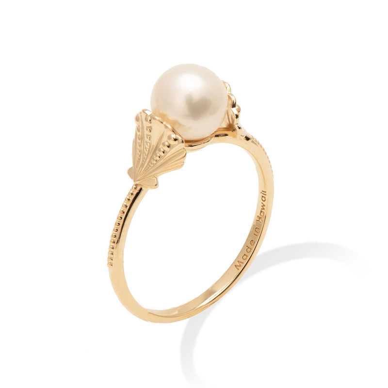 Pick A Pearl Seashells Ring in Gold on white background with White Pearl - Maui Divers Jewelry