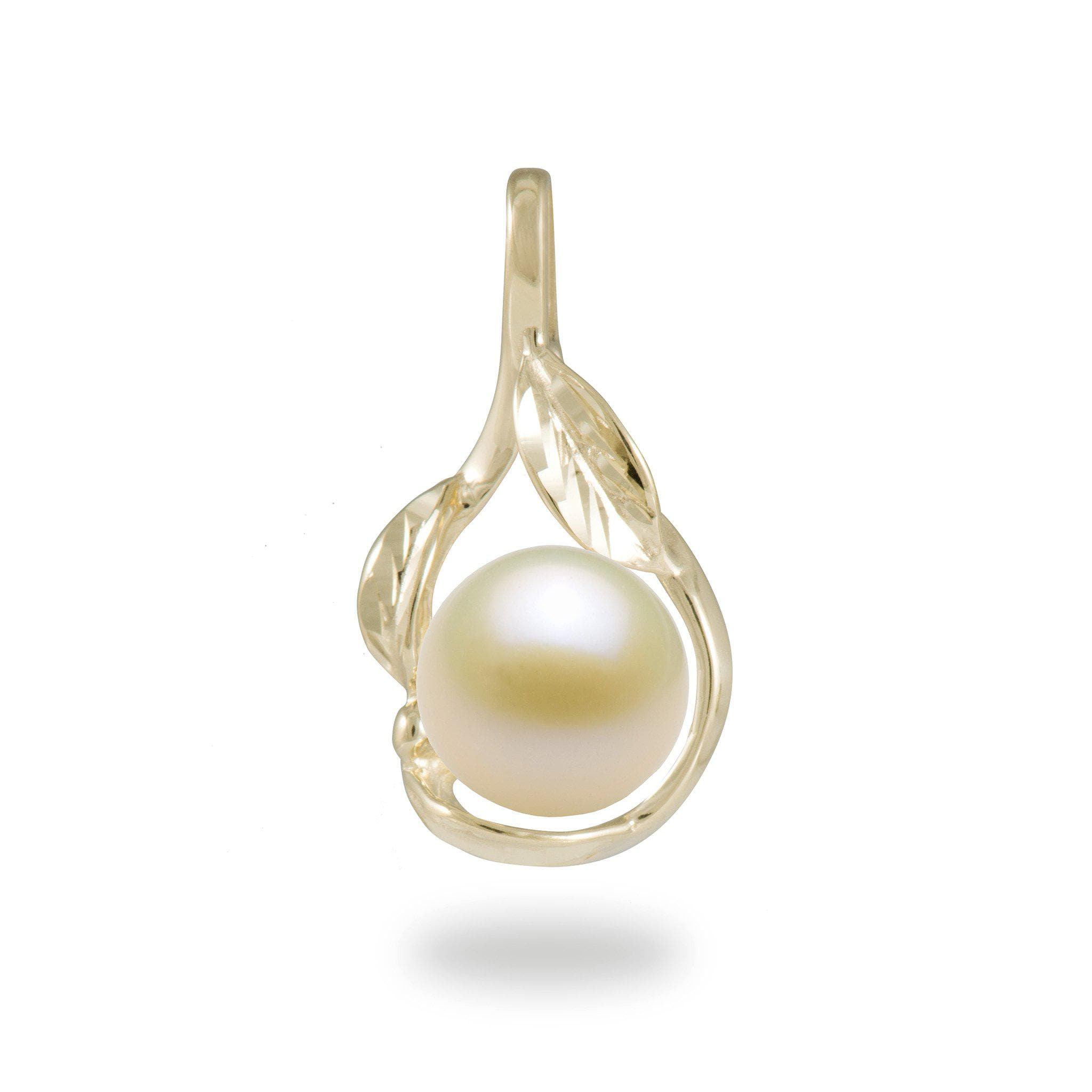 Maile Scroll Pendant Mounting in 14K Yellow Gold with White Pearl - Maui Divers Jewelry