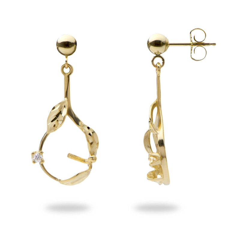 Maile Leaves Earrings Mounting with Diamonds in 14K Yellow Gold - Maui Divers Jewelry