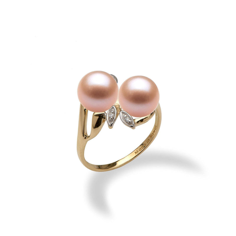 Two-Pearl Maile Ring Mounting in 14K Yellow Gold with Pink Pearls - Maui Divers Jewelry