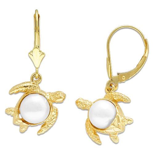 Honu (Turtle) Earring Mountings in 14K Yellow Gold with White Pearl - Maui Divers Jewelry