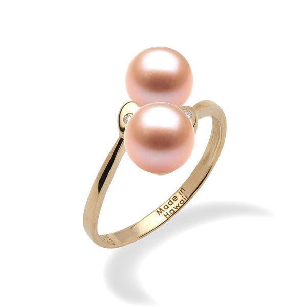 Pick-a-Pearl Double Heart Ring in Gold with Diamonds With Pink Pearls- Maui Divers Jewelry