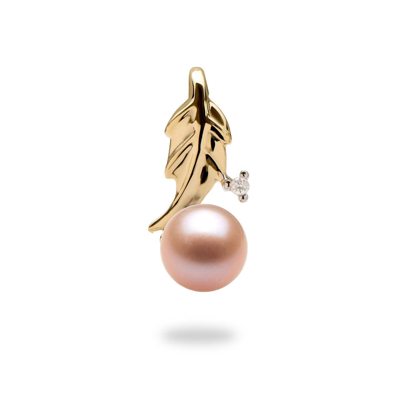 Maile Leaf Pendant Mount with Diamond in 10K Yellow Gold with Pink Pearl - Maui Divers Jewelry
