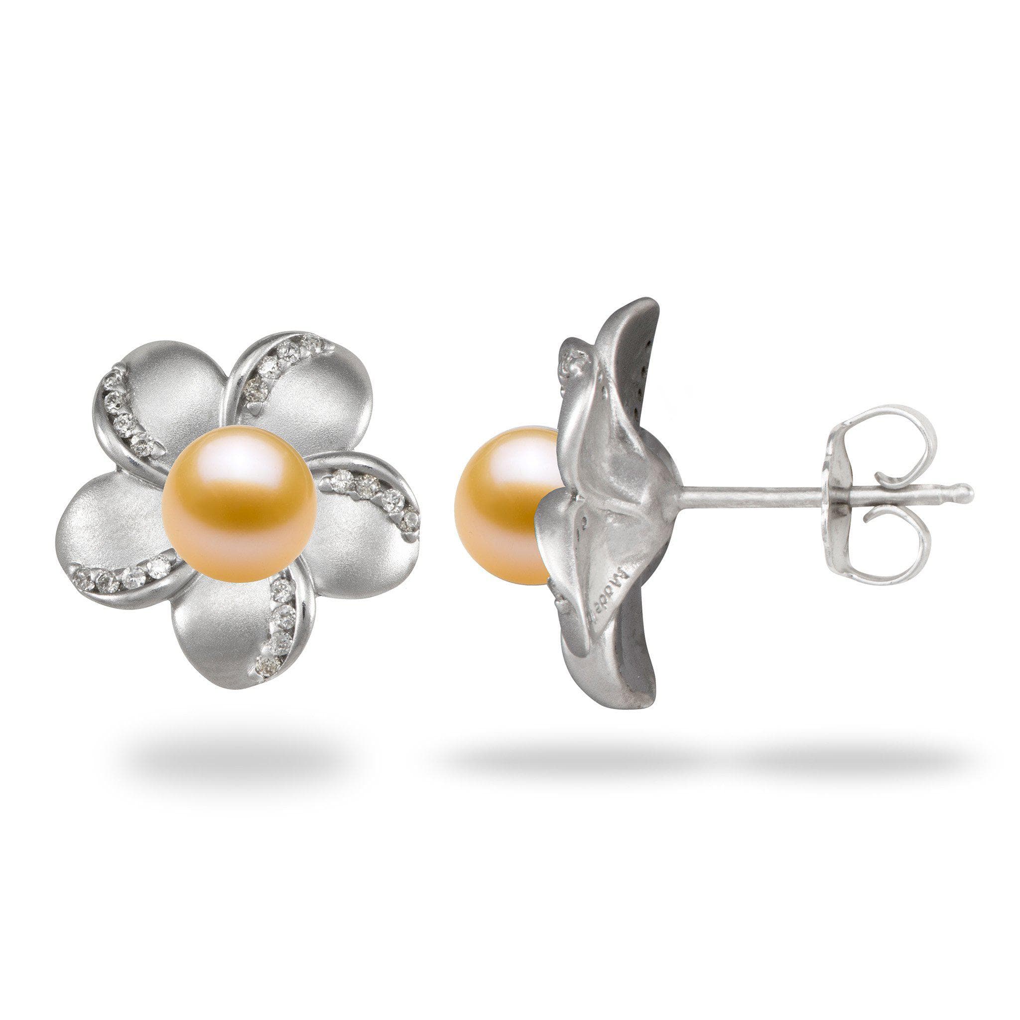 Plumeria (15mm) Earrings Mounting in Sterling Silver with Peach Pearl - Maui Divers Jewelry