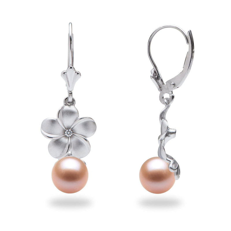 Pick A Pearl Plumeria Earrings in Sterling Silver with Cubic Zirconia with Peach Pearl - Maui Divers Jewelry