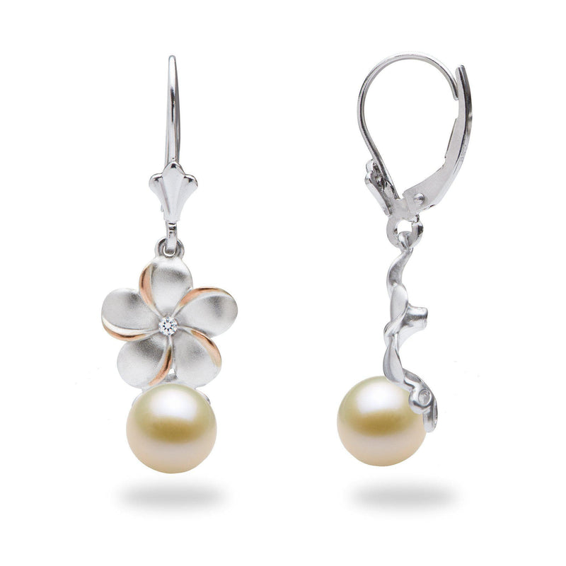 Pick-a-Pearl Plumeria Earrings in Sterling Silver with Cubic Zirconia with White Pearl - Maui Divers Jewelry