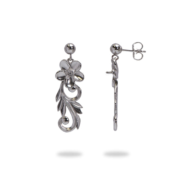 Pick A Pearl Hawaiian Heirloom Plumeria Scroll Earrings in Sterling Silver - 26mm - Maui Divers Jewelry