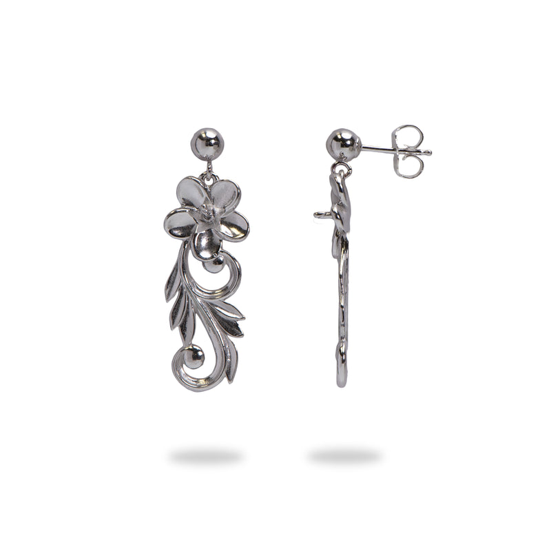 Pick A Pearl Hawaiian Heirloom Plumeria Scroll Earrings in Sterling Silver - 26mm - Maui Divers Jewelry