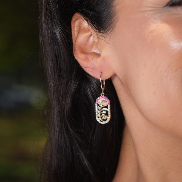 Ohia Lehua Ruby Earrings in Two Tone Gold with Diamonds - 24mm