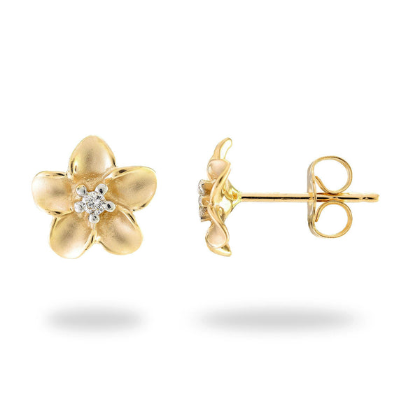 Plumeria Earrings in Gold with Diamonds - 9mm-Maui Divers Jewelry