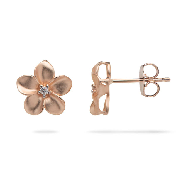 Plumeria Earrings in Rose Gold with Diamonds - 11mm-Maui Divers Jewelry