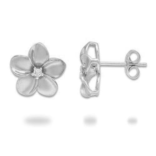 Plumeria Earrings in White Gold with Diamonds - 13mm-Maui Divers Jewelry
