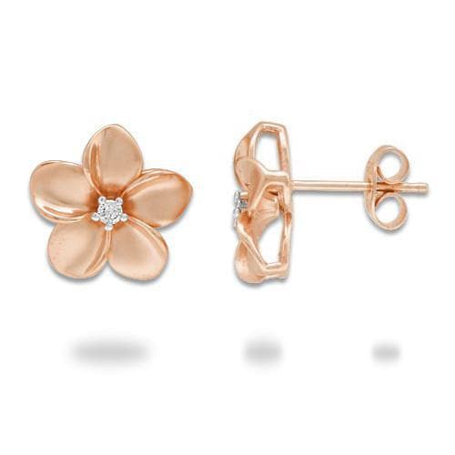 Plumeria Earrings in Rose Gold with Diamond - 13mm-Maui Divers Jewelry