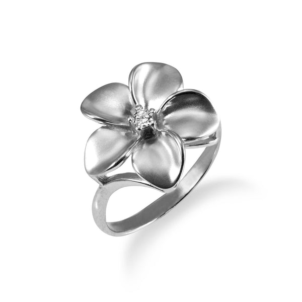 Plumeria Ring in White Gold with Diamond - 16mm-Maui Divers Jewelry