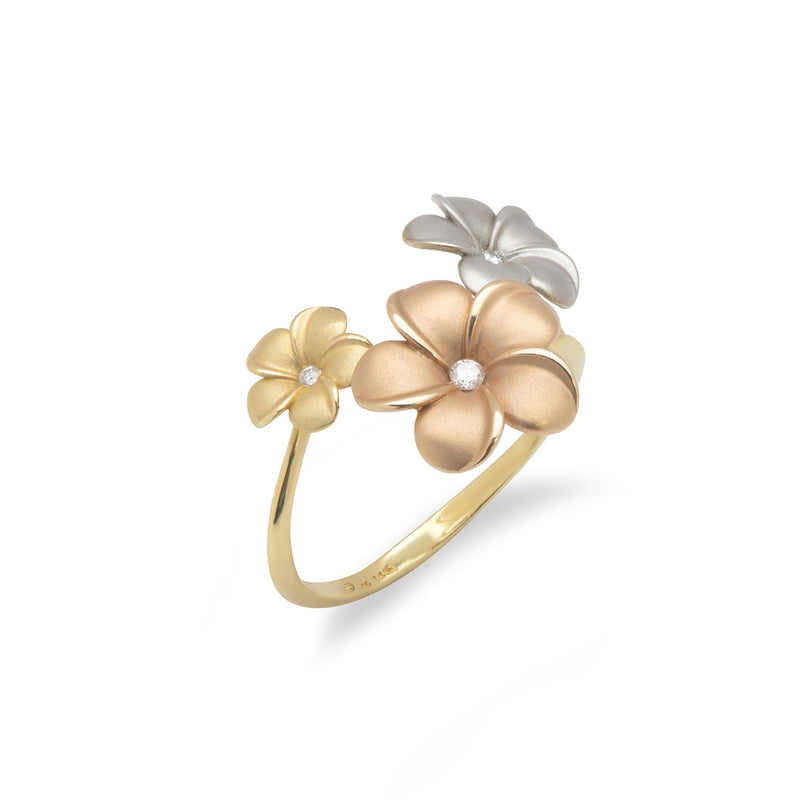 Plumeria Ring in Tri Color Gold with Diamonds - Maui Divers Jewelry