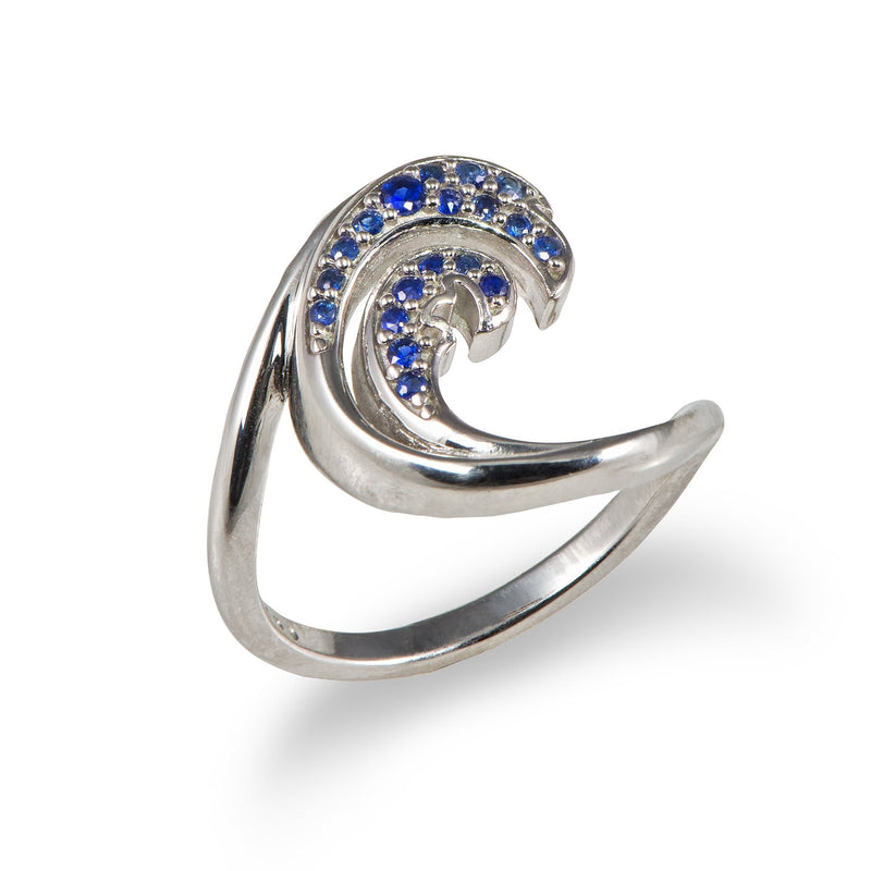 Nalu Ring in White Gold with Blue Sapphires - 15mm-Maui Divers Jewelry