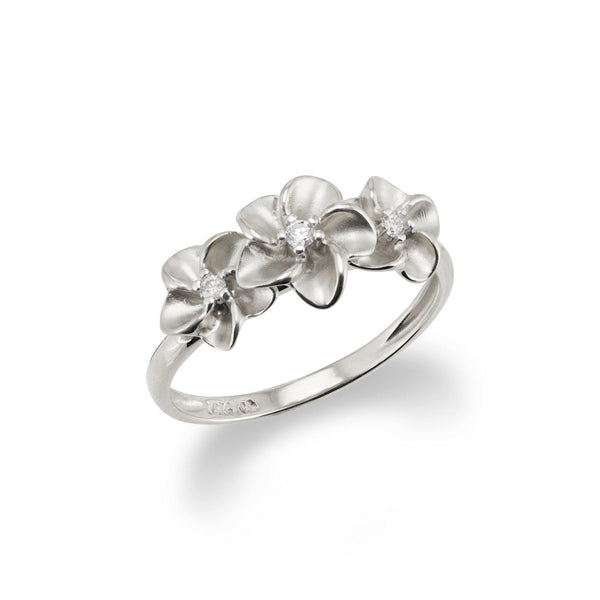 Three Plumeria Ring with Diamond in 14K White Gold - 7-8.5mm-[SKU]