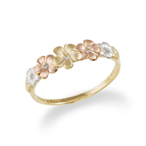 Plumeria Ring in Tri Color Gold with Diamonds - 6mm-Maui Divers Jewelry