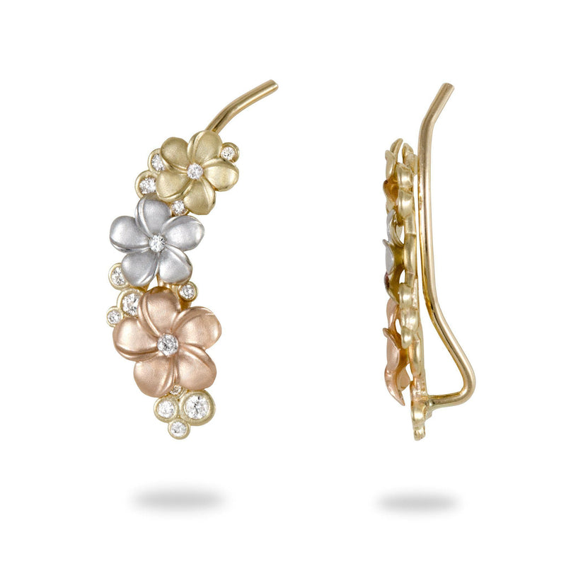 Plumeria Earrings in Tri Color Gold with Diamonds - 20mm-Maui Divers Jewelry