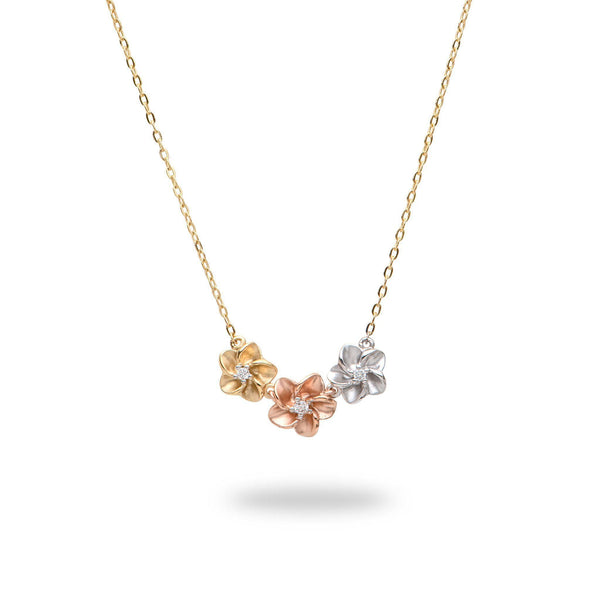 16" Plumeria Pendant in Tri Color Gold with Diamonds-Maui Divers Jewelry
