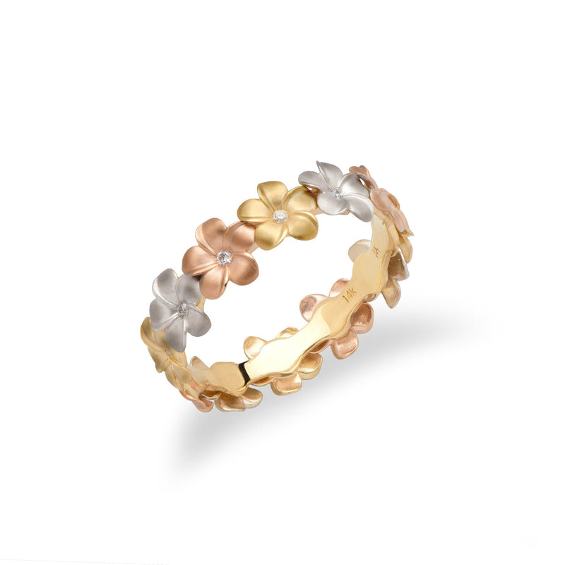 Plumeria Ring in Tri Color Gold with Diamonds - Size 7-Maui Divers Jewelry