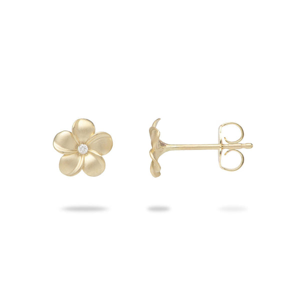 Plumeria Earrings with Diamonds in Gold - 8mm-Maui Divers Jewelry