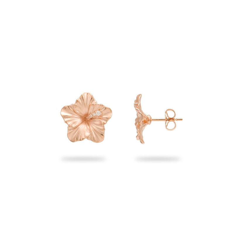 Hawaiian Gardens Hibiscus Earrings in Rose Gold with Diamonds - 14mm - Maui Divers Jewelry 