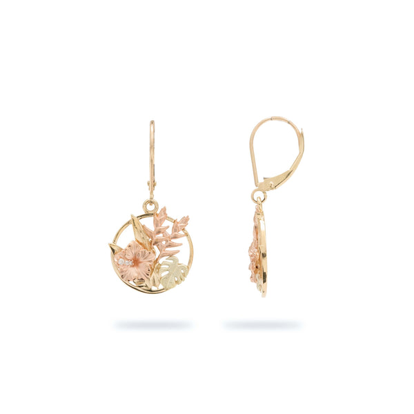 Hawaiian Gardens Hibiscus Earrings in Tri Color Gold with Diamonds - 15mm - Maui Divers Jewelry