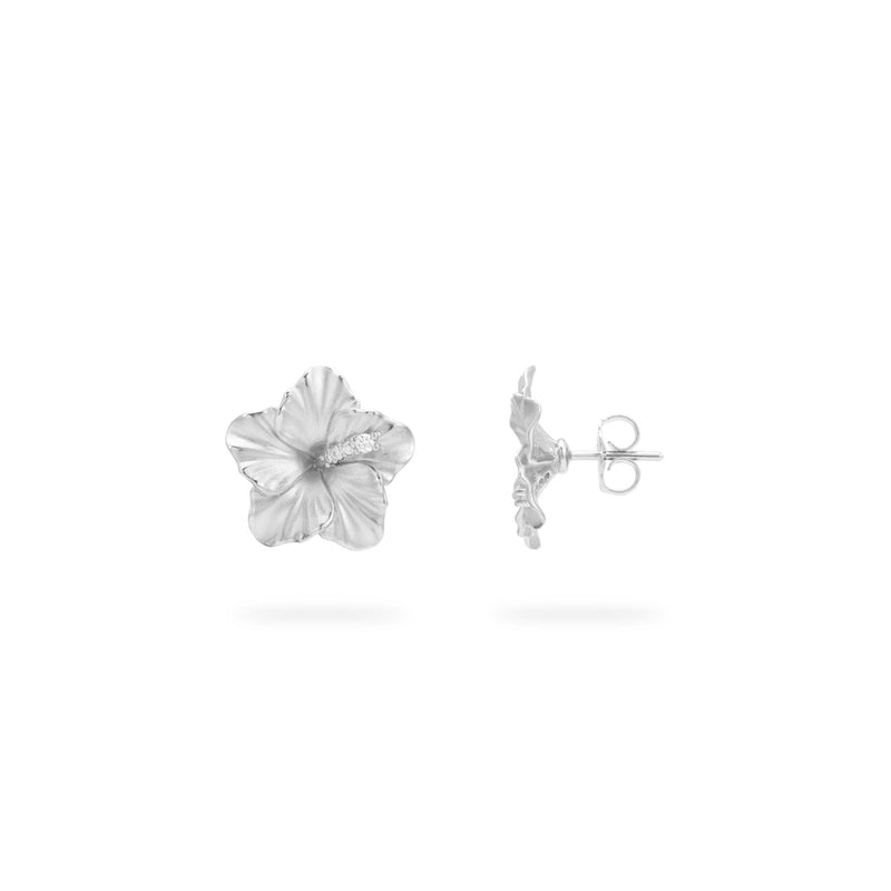 Hawaiian Gardens Hibiscus Earrings in White Gold with Diamonds - 14mm - Maui Divers Jewelry
