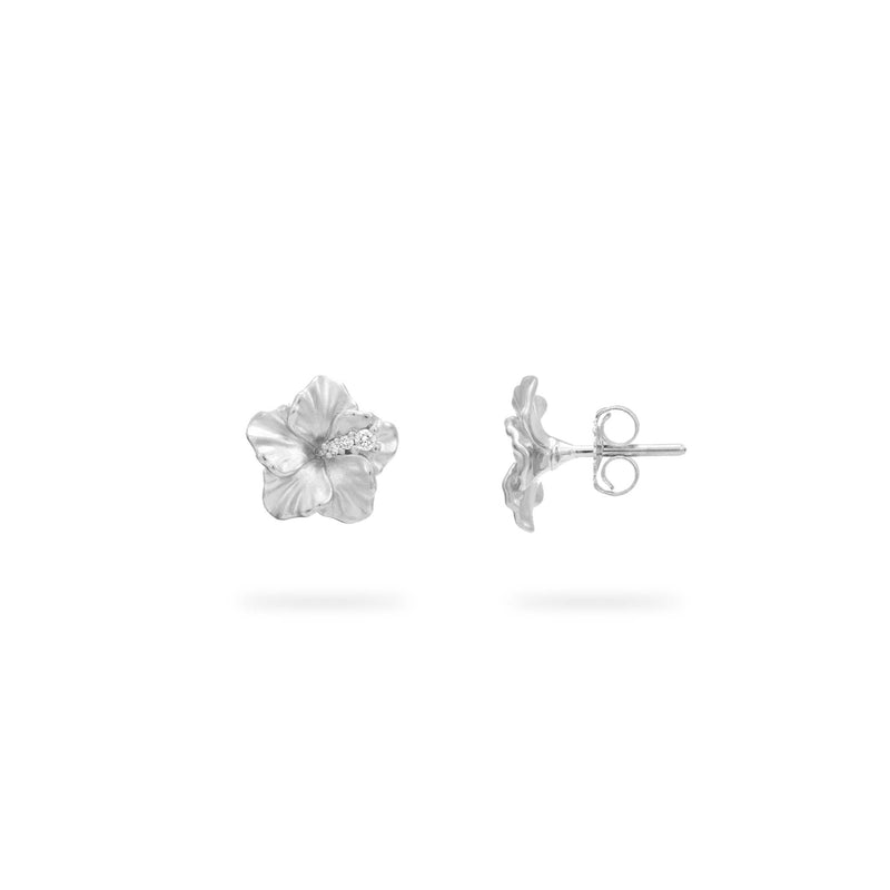 Hawaiian Gardens Hibiscus Earrings in White Gold with Diamonds - 9.5mm
