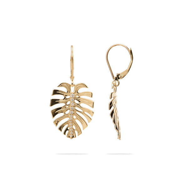 Monstera Earrings in Gold with Diamonds - 23mm - Maui Divers Jewelry