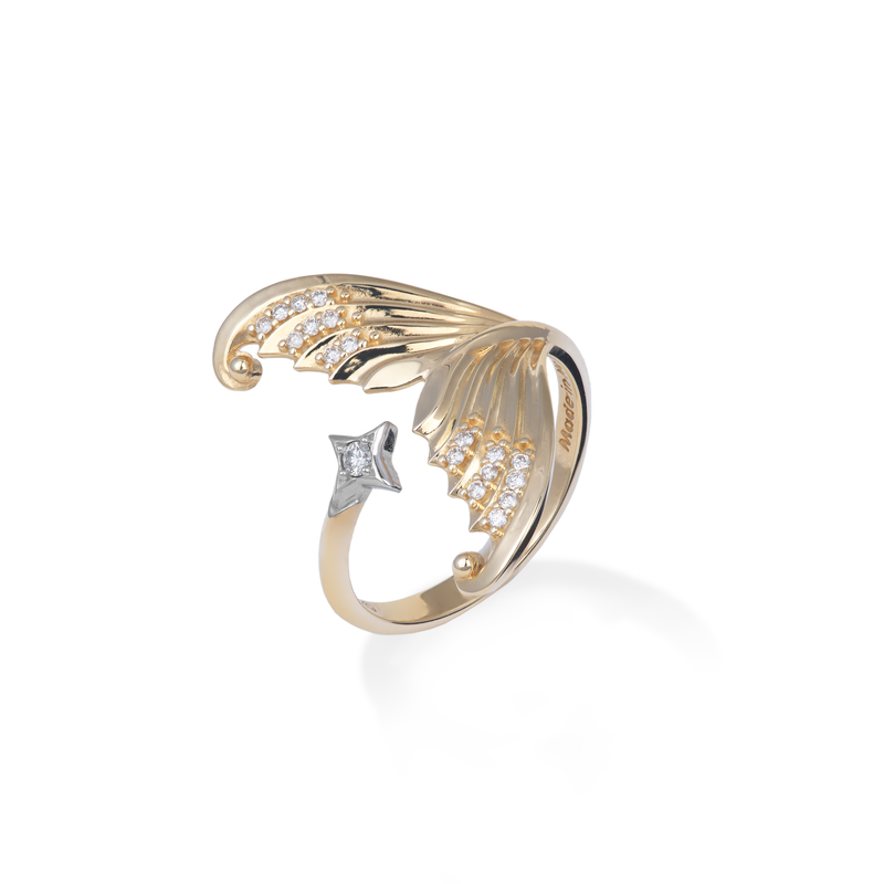Moon Mermaid Ring in Two Tone Gold with Diamonds on white background - Maui Divers Jewelry