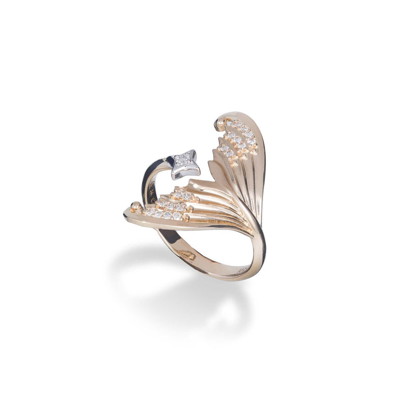 Moon Mermaid Ring in Two Tone Gold with Diamonds on white background - Maui Divers Jewelry
