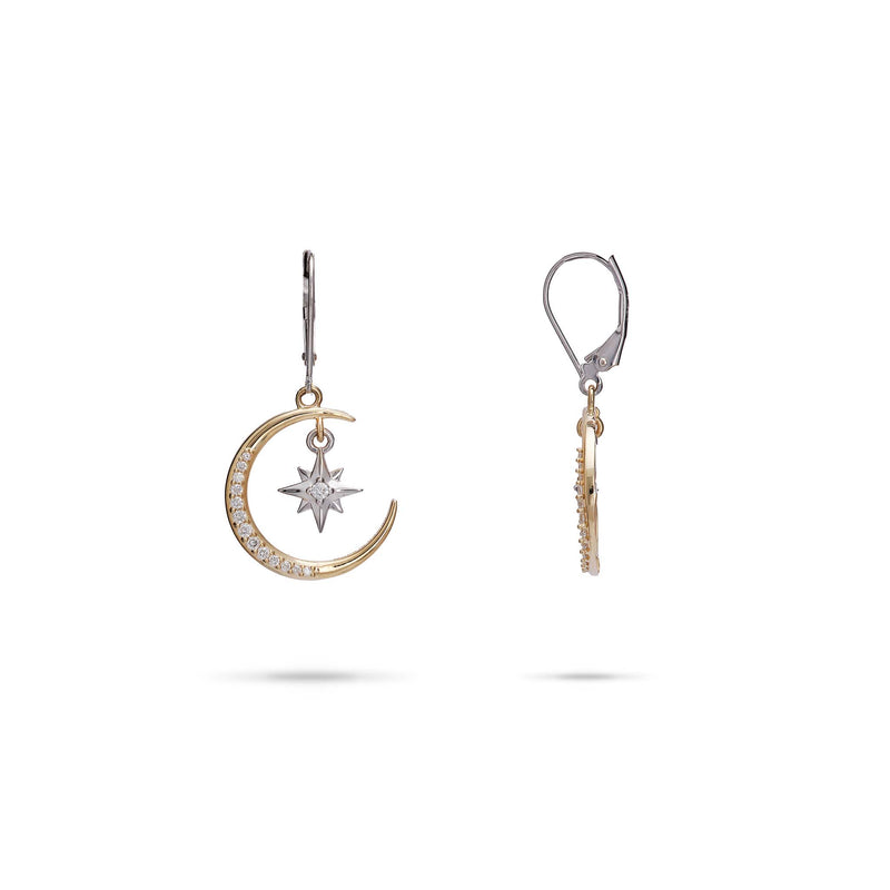Moon & Star Mermaid Earrings in Two Tone Gold with Diamonds