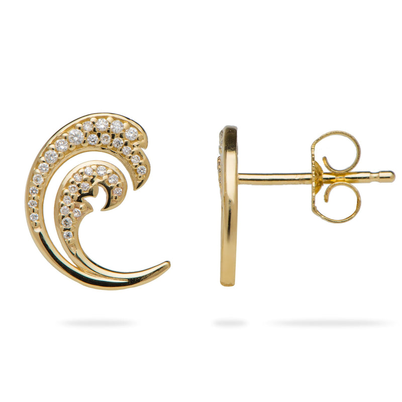 Nalu Earrings in Gold with Diamonds - 12mm-Maui Divers Jewelry