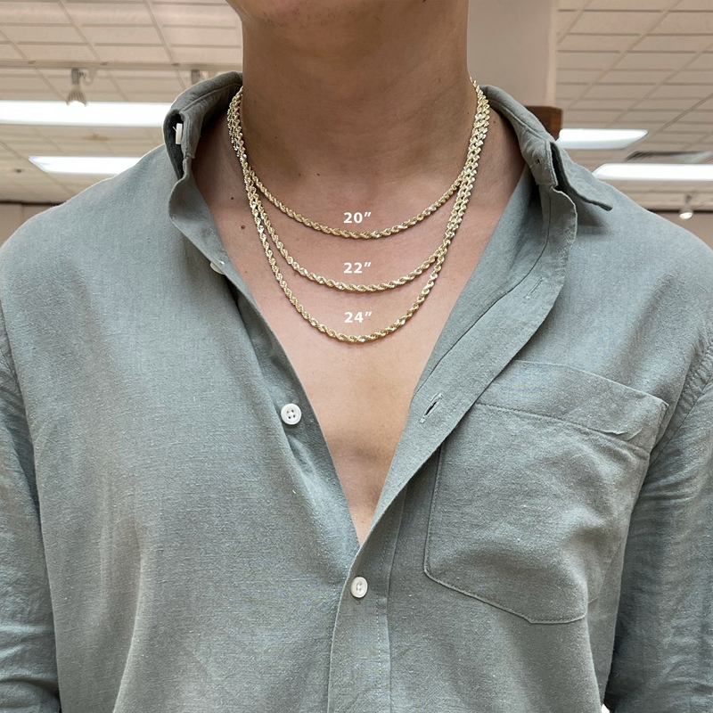 A man wearing three different sizes of 5mm Rope Chain in Gold - Maui Divers Jewelry