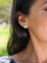 A woman's ear with Plumeria Mother of Pearl Earrings in Gold - 13mm - Maui Divers Jewelry