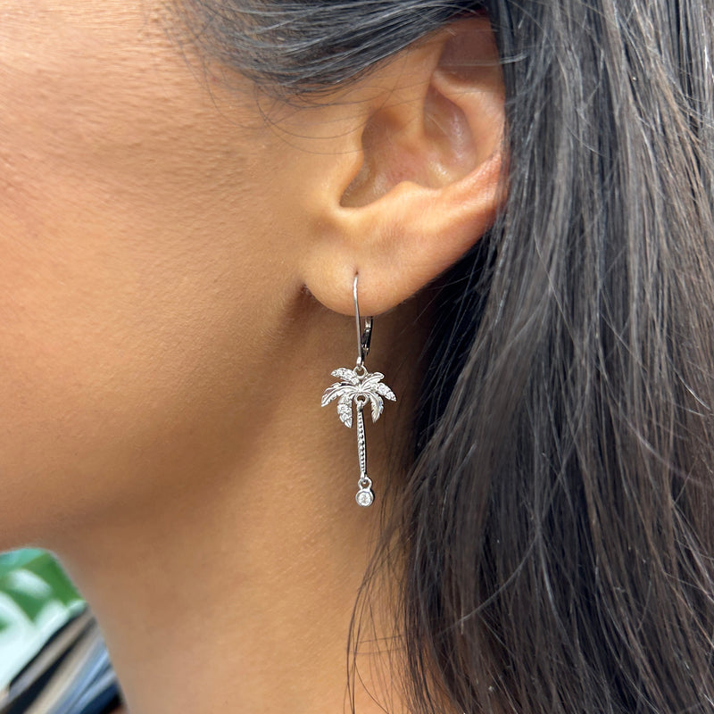 Paradise Palms - Palm Tree Earrings in White Gold with Diamonds - 24mm