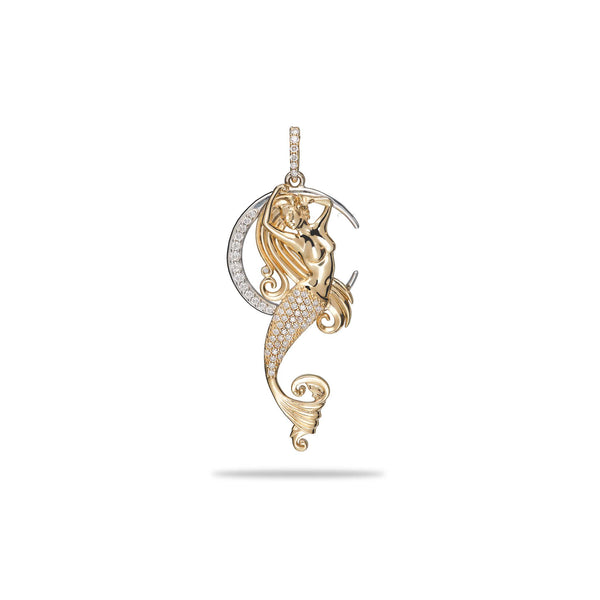 Moon Mermaid Pendant in Two Tone Gold with Diamonds - 42mm - 011-01702